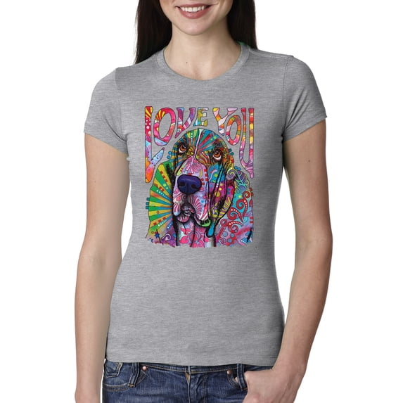 Colorful Beagle | Dogs Love You | Dean Russo Art Animal Lover Womens Slim Fit Junior Tee, Heather Grey, XX-Large