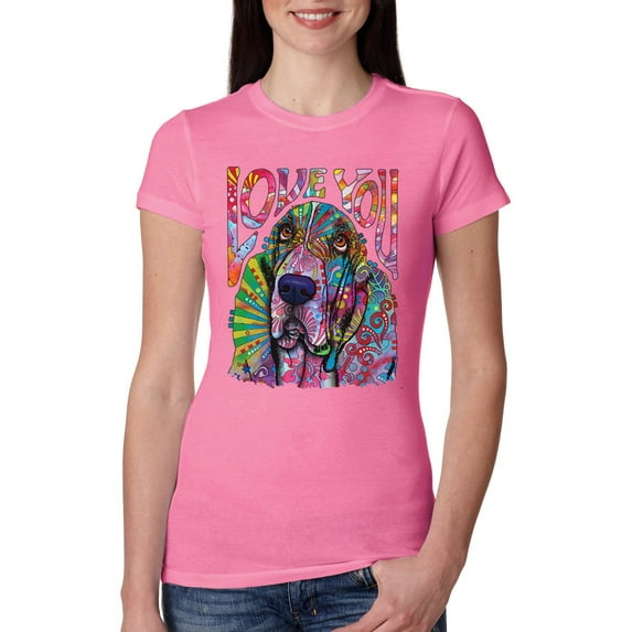 Colorful Beagle | Dogs Love You | Dean Russo Art Animal Lover Womens Slim Fit Junior Tee, Hot Pink, Large