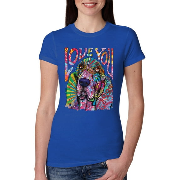 Colorful Beagle | Dogs Love You | Dean Russo Art Animal Lover Womens Slim Fit Junior Tee, Royal, XX-Large