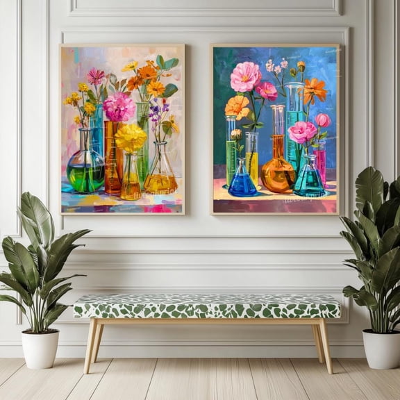 Colorful Beaker Flower Art Print Set Science Lab Floral Wall Art Duo Bright Botanical Chemistry Decor Whimsical Steminspired Prints Set 2