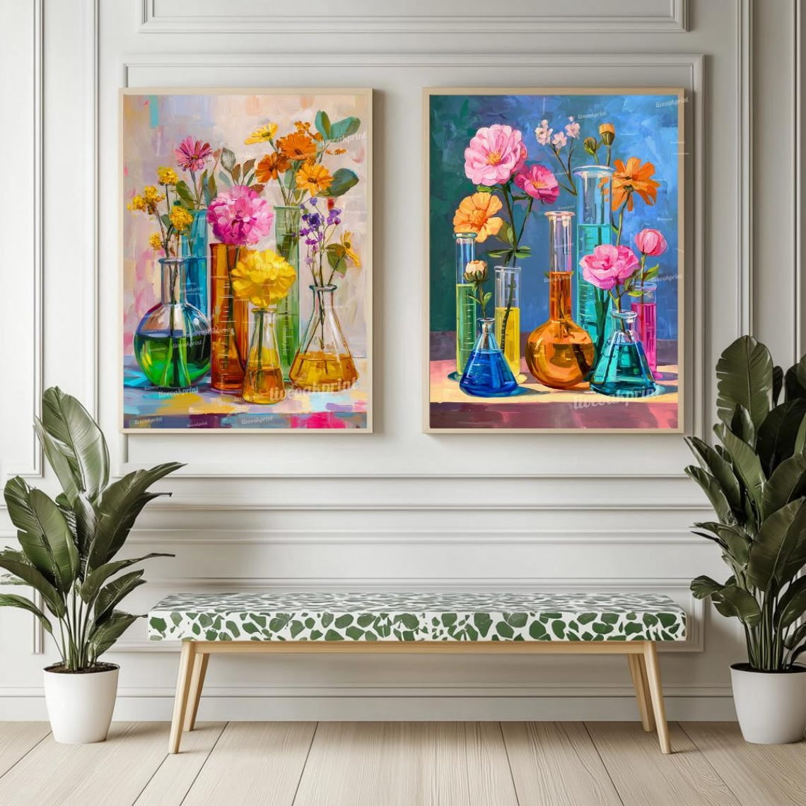 Lab Baker Science Colorful Beaker Flower Wall Art Prints, Science Lab Floral Duo, Bright ...