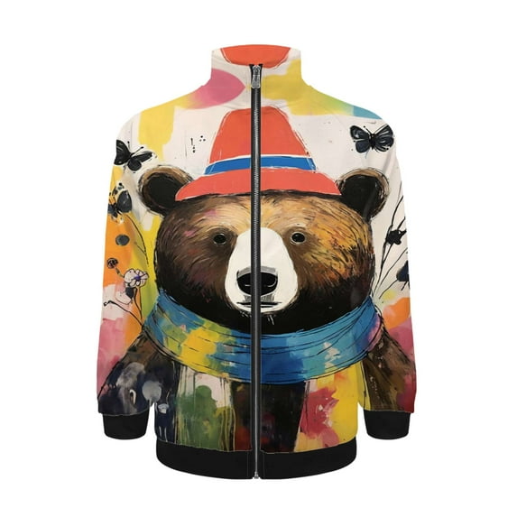 Colorful Bear Art Print Jacket Men's Street Cool Long Sleeves Coat Personality Tops Oversized Zipper Jackets Male Clothes