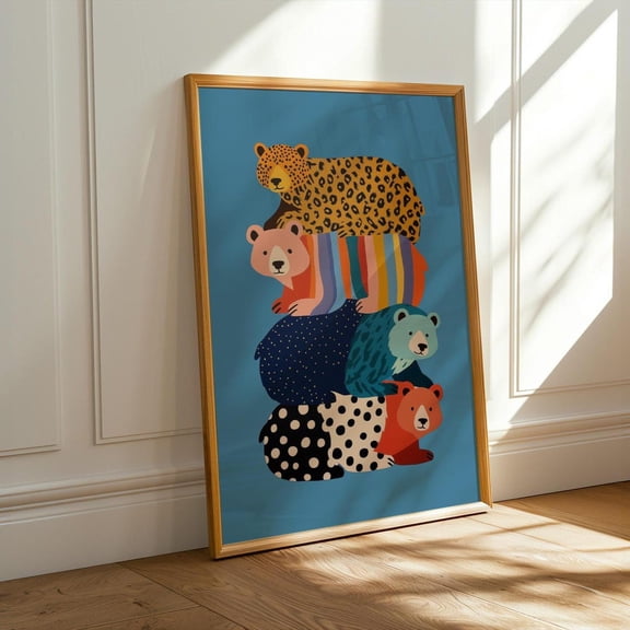 Colorful Bear Stack Illustration Modern Geometric Patterned Bears Wall Art, Unframed Paper Print