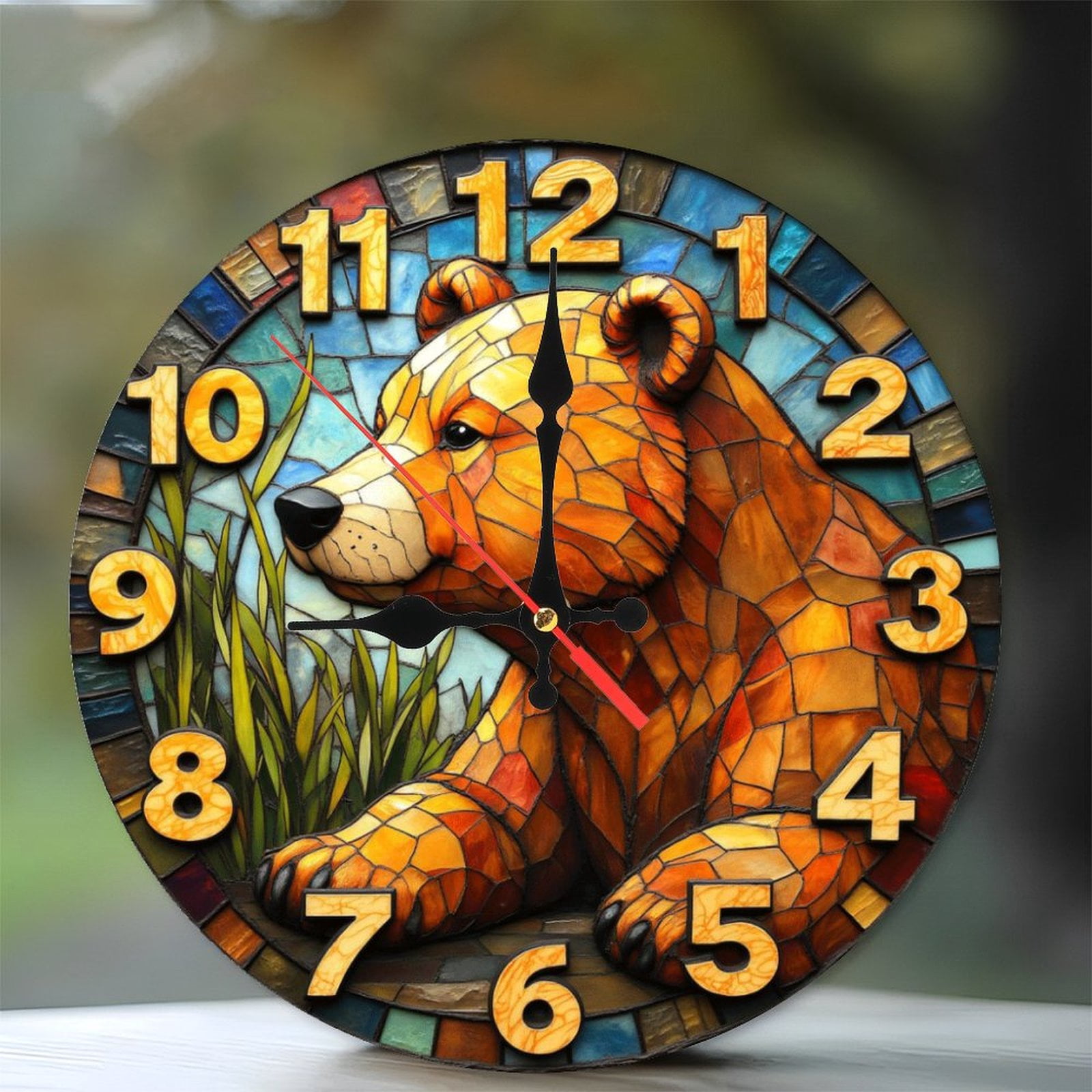 Colorful Bear Stained Glass Wall Clock for Home Decor 10-Inch Silent ...