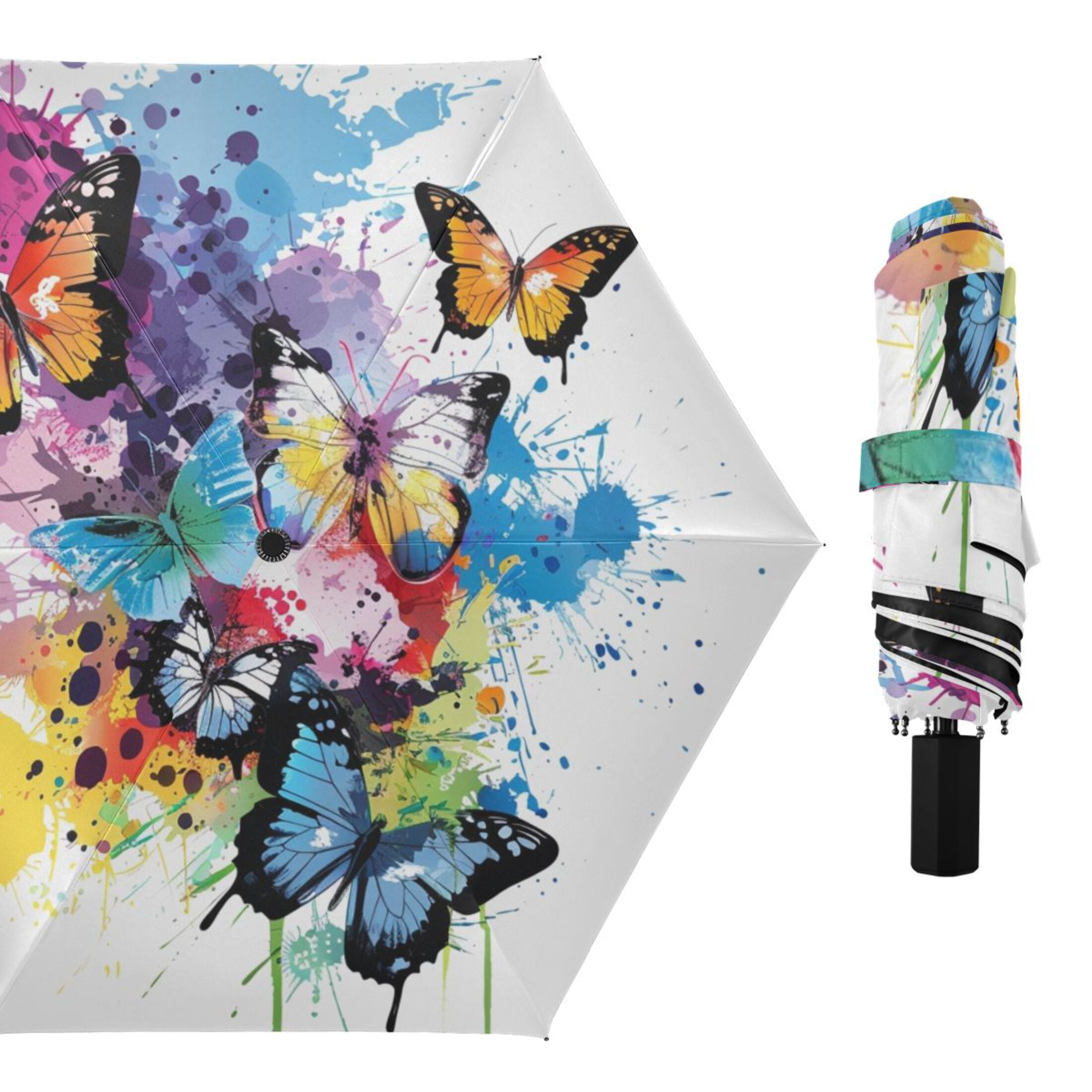 Colorful Beautiful Butterflies Compact Sun Umbrella Windproof Travel Umbrellas for Rain Strong Portable UV Protection