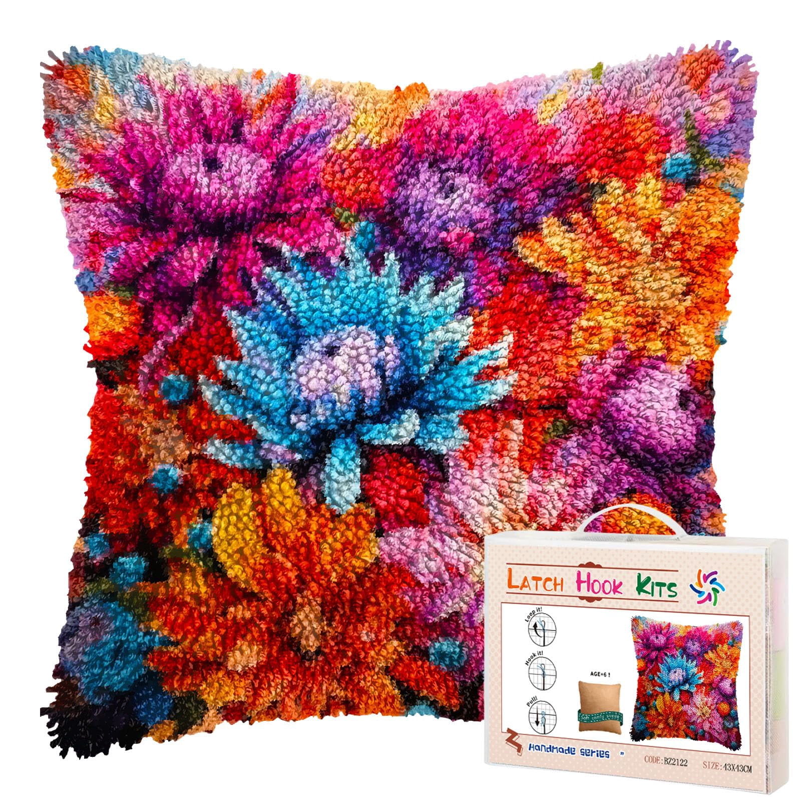 Colorful Beautiful Flower Chrysanthemum DIY Latch Hook Pillow Kits for Adults Printed Pillowcase Crochet Yarns Hooking Handmade Pillow Cover Cushion for Home Sofa Decoration 17x17inch