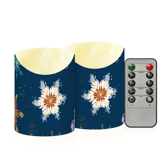 Colorful Beautiful Snowflakes Christmas Flickering Flameless Candles with Remote Timer Battery Operated LED Tealight Set of 2 M