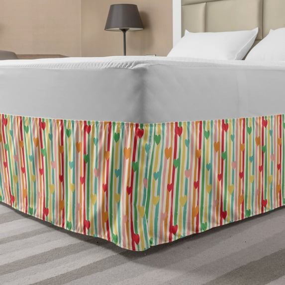 Colorful Bed Skirt, Pastel Hearts with Vertical Color Stripes Abstract Retro Tones Happiness Joy Love, Elastic Bedskirt Dust Ruffle Wrap Around for Bedding Decor, 4 Sizes, Multicolor, by Ambesonne