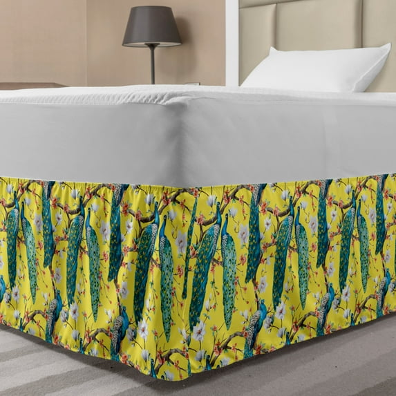 Colorful Bed Skirt, Watercolor Style Peacocks and Long Tails on Flowered Branches, Elastic Bedskirt Dust Ruffle Wrap Around for Bedding Decor, 4 Sizes, Pastel Yellow and Multicolor, by Ambesonne