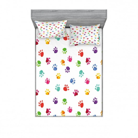 Ambesonne Colorful Fitted Sheet & Pillow Sham Set, Animal Footprints, Full, Multicolor