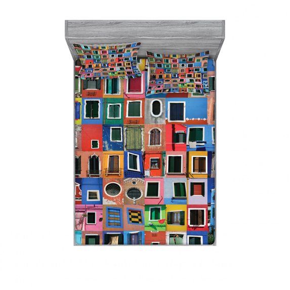 Colorful Bedding Set with Sheet & Covers, Mediterranean Village Colorful Painted Rustic Windows Tuscan Collage Italy Art, Printed Bedroom Decor 2 Shams, 4 Sizes, Multicolor, by Ambesonne