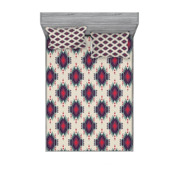 Colorful Bedding Set with Sheet & Covers, Colorful Primitive Folkloric Motif Ornate First Nation, Printed Bedroom Decor 2 Shams, 4 Sizes, Multicolor, by Ambesonne
