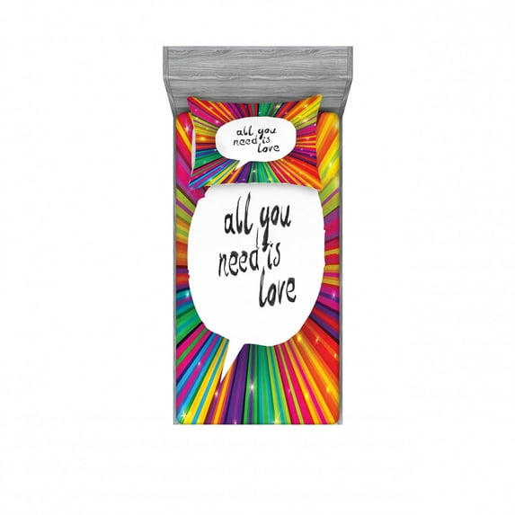 Colorful Bedding Set with Sheet & Covers, Vintage All You Need is Love Inspirational Speech Bubble Hippie Retro Poster Print, Printed Bedroom Decor 2 Shams, 4 Sizes, White, by Ambesonne