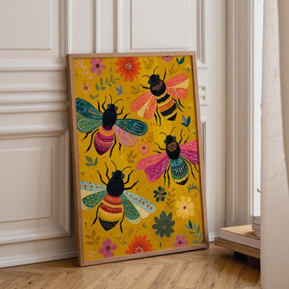 Colorful Bee Bright Folk Art Insect Whimsical Botanical Decor Maximalist Bumble Artwork, Stretched Canvas