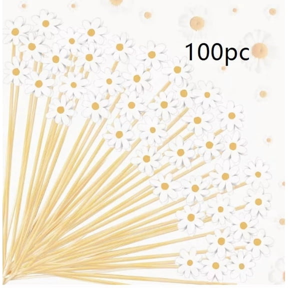 Colorful Bee and Flower Cocktail Picks - Durable Bamboo Toothpicks for Cakes, Fruits, Appetizers, Drinks, Party Decorations