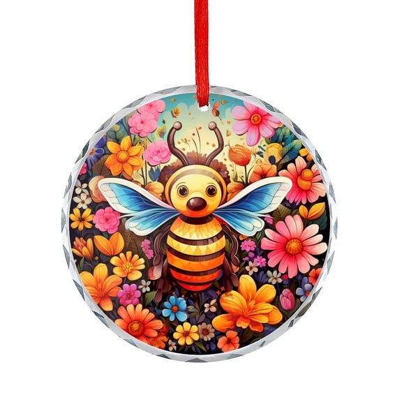 Colorful Bees And Flowers Glass Christmas Ornament Cute Cartoon Bumble Bee Glass Round Ornaments Xmas Tree Decorations