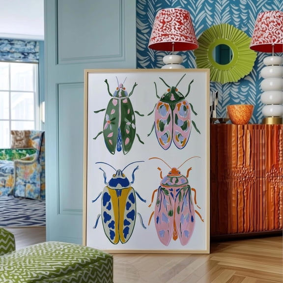 Colorful Beetle Print, Whimsical Insect Illustration, Unframed Paper Poster 8x10in