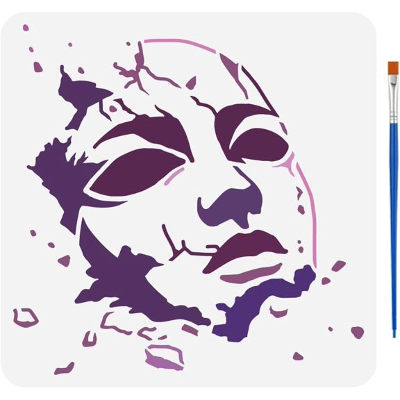 Colorful Behind The Face Cover Drawing Stencil with Paint Brush 11.8x11.8inch Broken Face Cover Painting Template Crushed Facepiece DIY Art Stencil for Painting on Wood Wall Fabric Furniture