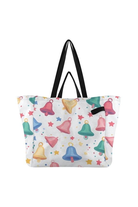 Colorful Bells Stars Cute Foldable Canvas Tote Bags Reusable Grocery Bags Laundry Bags Beach Bag 32L