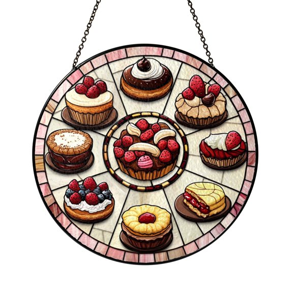 Colorful Berry Desserts Stained Glass Suncatcher Window Hanging Decor, Round Cupcakes and Pastries with Raspberries Glass Art Panel, Decorative Sweet Treats Window Ornament for Kitchen