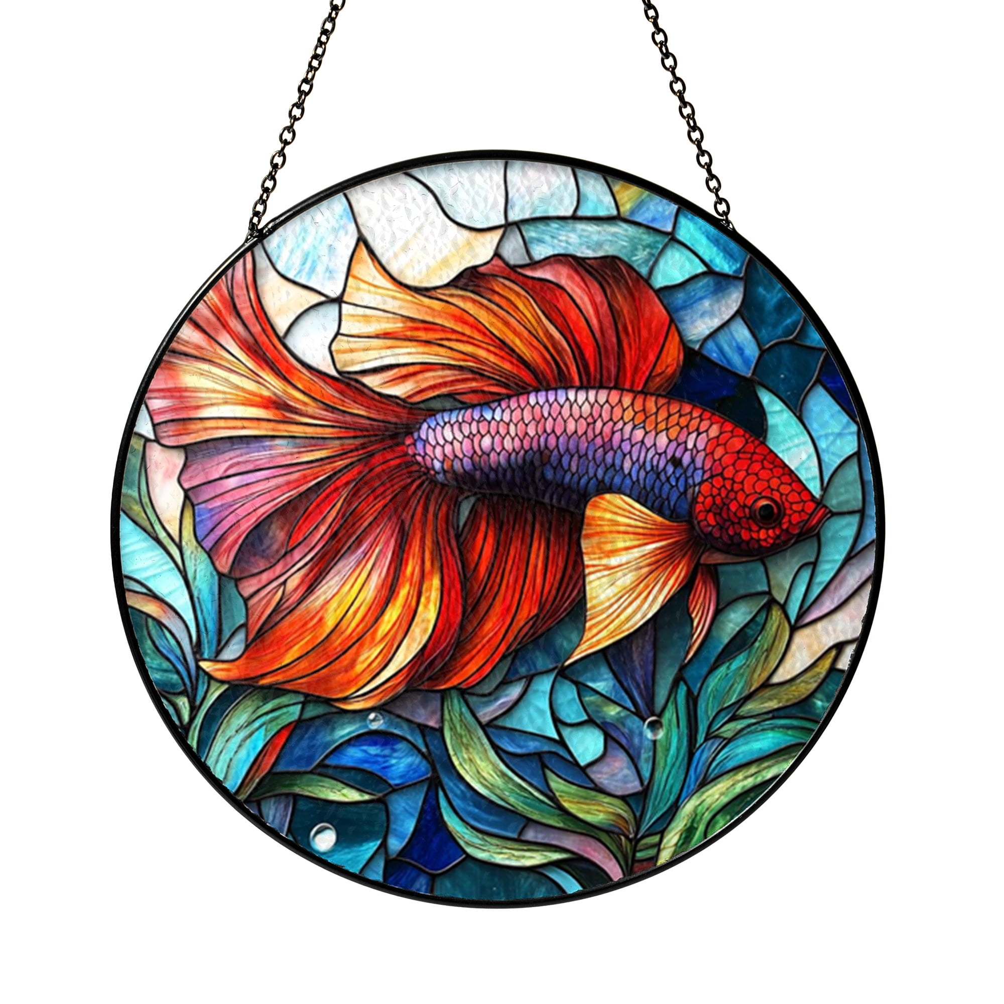 Window Drawing. Sign Colorful Betta Fish Scene Stained Glass Hanging Window Ornament, Marine ...