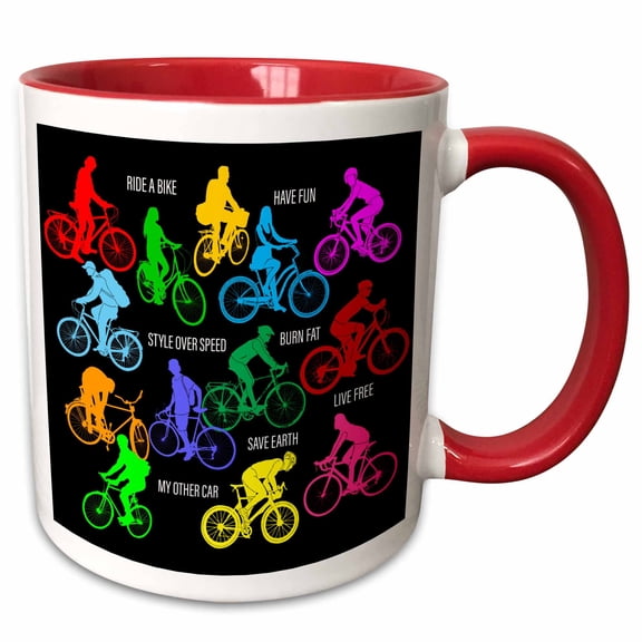 3drose, Colorful Bicycle Riders and Motivational Biking Slogans on Black, 15oz Two-tone Red Mug
