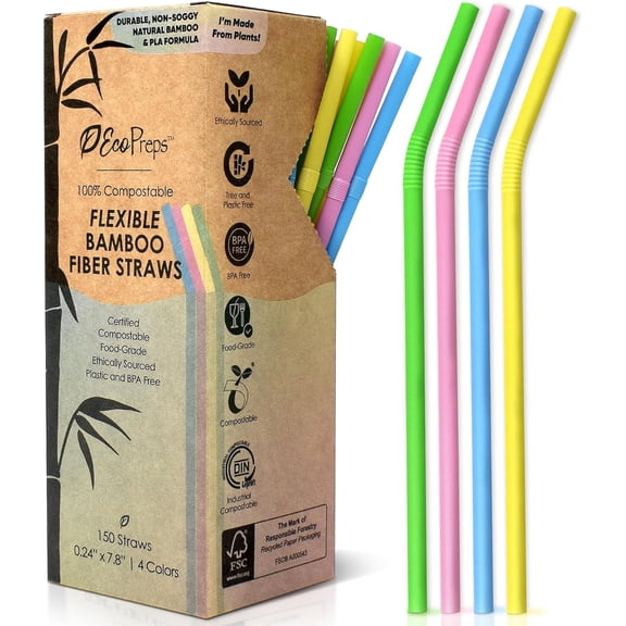 Colorful Biodegradable Flexible Drinking Straws | Bendable 150 Count, 100% Compostable, Plastic-Free, Eco-Friendly Straws for Cold Drinks | 7.8'' Multi-Color Bamboo Fiber Disposable Straw Set
