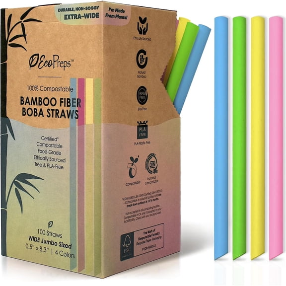 Colorful Biodegradable Jumbo Smoothie Straws, Bamboo Fiber Boba Straws - 100 PCS, Extra Wide, 100% Compostable, Plastic-Free, Eco-Friendly Thick Straw - 8.25" Long Disposable Bamboo Straw Set