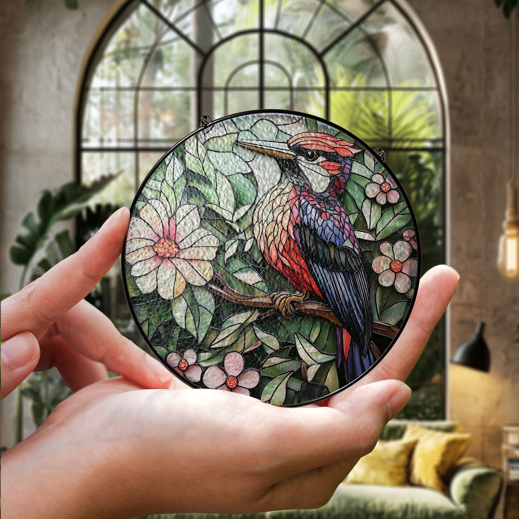 Colorful Bird 2D Flat Stained Glass Window Hanging - Vibrant Floral ...