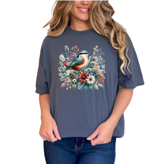 Colorful Bird Art T-Shirt, Nature Inspired Graphic Tee, Floral and Bird Print, Vibrant Colors, Unique Artistic Design, Perfect Gift, Denim Comfort Colors T-Shirt, Small