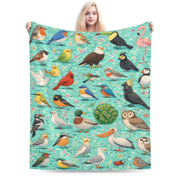 Colorful Bird Collection Blanket Spring Wildlife Throw Easter Gift Floral Nature Art Soft Cozy Fleece Home Decor for Adults 50x40