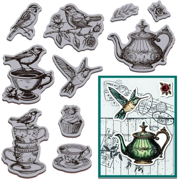 Colorful Bird Cup Cling Rubber Stamp 7.09x8.66inch Bird Teapot EVA Stamps Embossing Stamp Seal Rubber Stamps for DIY Scrapbooking and Card Making Paper Craft Decor