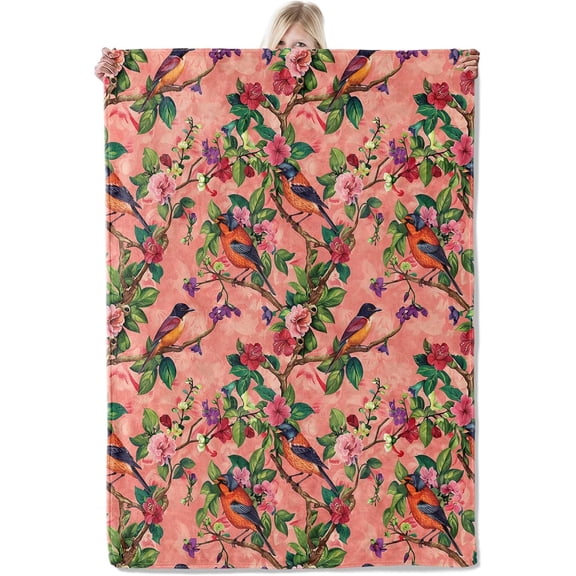 Colorful Bird Floral Flannel Blanket 50x60in,Tropical Birds and Vibrant Flowers on Coral Background,Soft Lightweight Throw for Women,Girls,Spring Summer Decor Gifts Blankets
