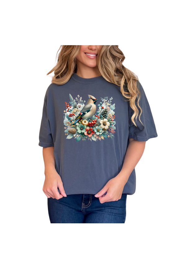 Colorful Bird and Floral T-Shirt, Nature Inspired Tee, Artistic Wildlife Print Shirt, Vintage Bird Design, Unique Floral Pattern Tee, Denim Comfort Colors T-Shirt, Large