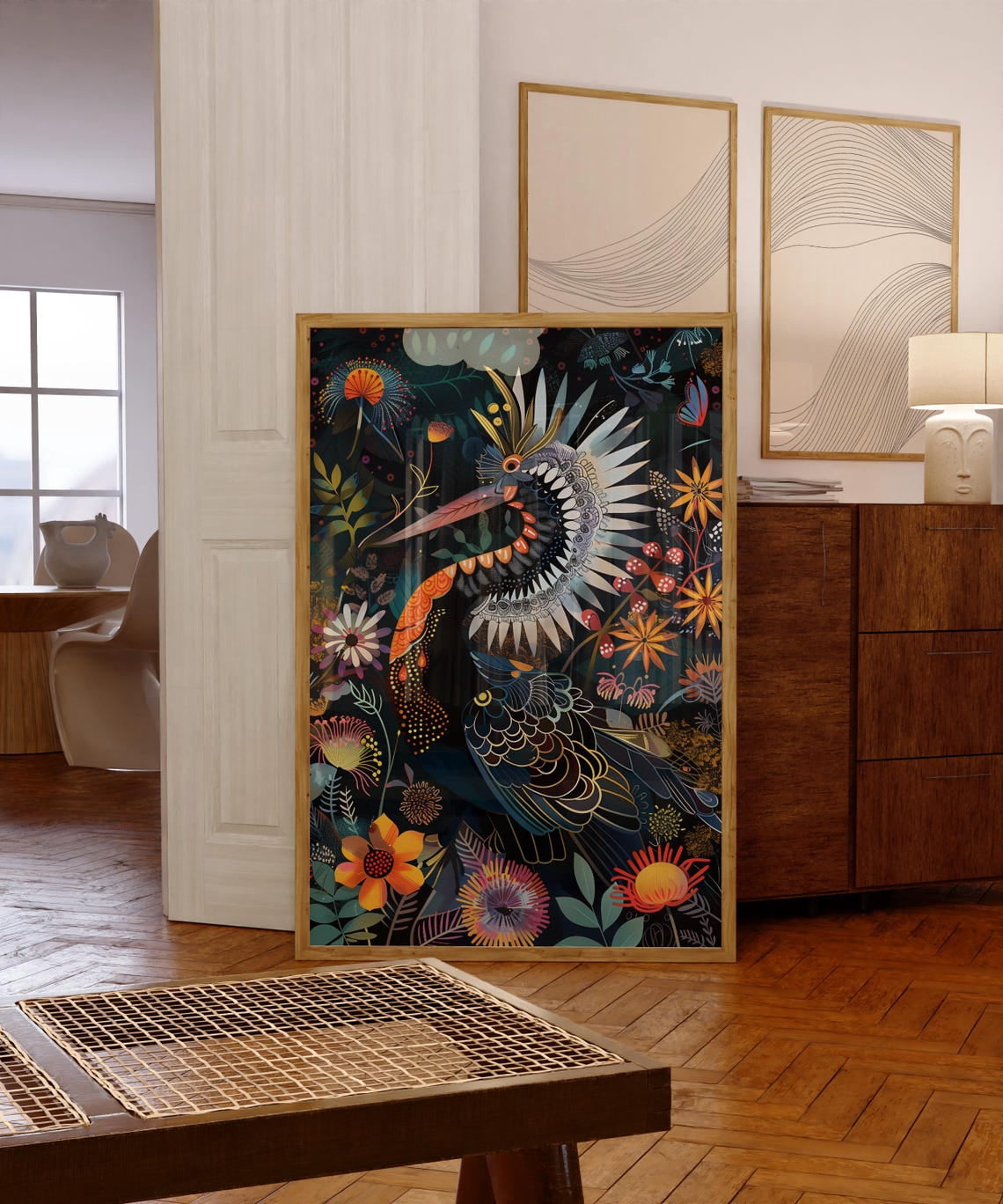 Colorful Bird Floral Wall Art, Abstract Flower Nature Maximalist Print ...