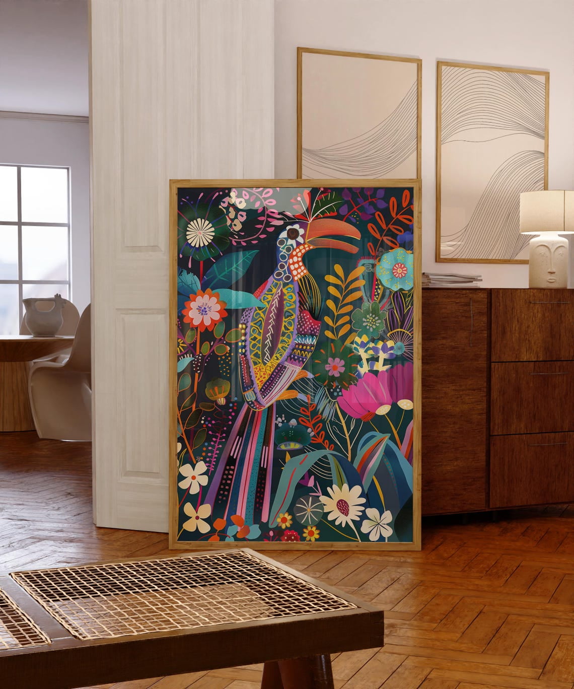 Colorful Bird Floral Wall Art, Abstract Flower Nature Maximalist Print ...