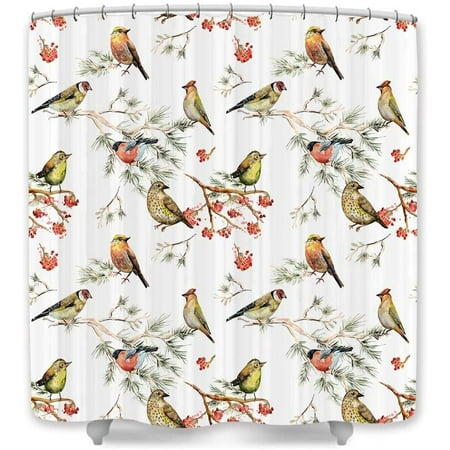 Colorful Bird Shower Curtain, Modern Elegant Floral Design Bathroom Decor, Hooks Included, 69x72