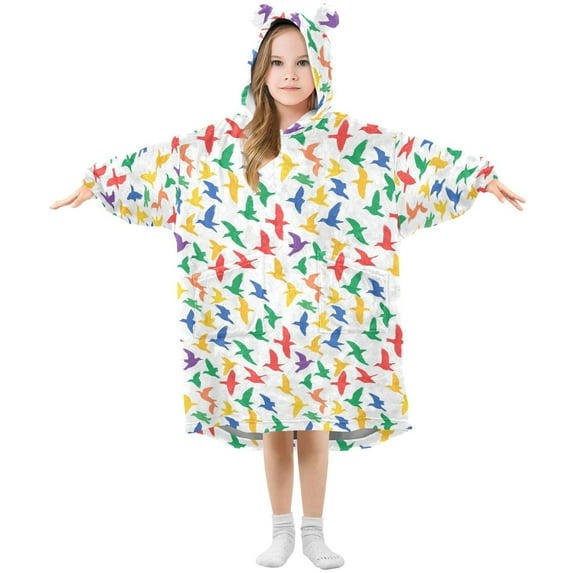 Colorful Bird Silhouettes ﻿Wearable Blankets Hoodie Oversize Sherpa Wearable Soft Blanket Warm Cozy 3-14 Age
