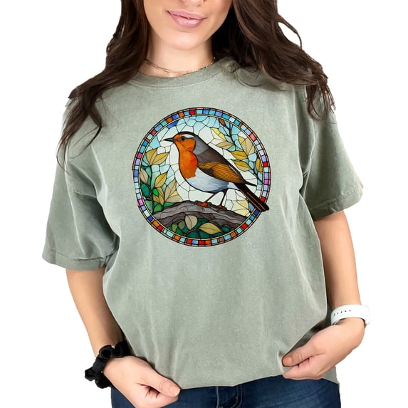 Colorful Bird Stained Glass Art T-Shirt, Unique Nature Inspired Apparel, Vibrant Bird Round Design Shirt, Casual Wear for Bird Lovers, Moss Comfort Colors T-Shirt, Medium