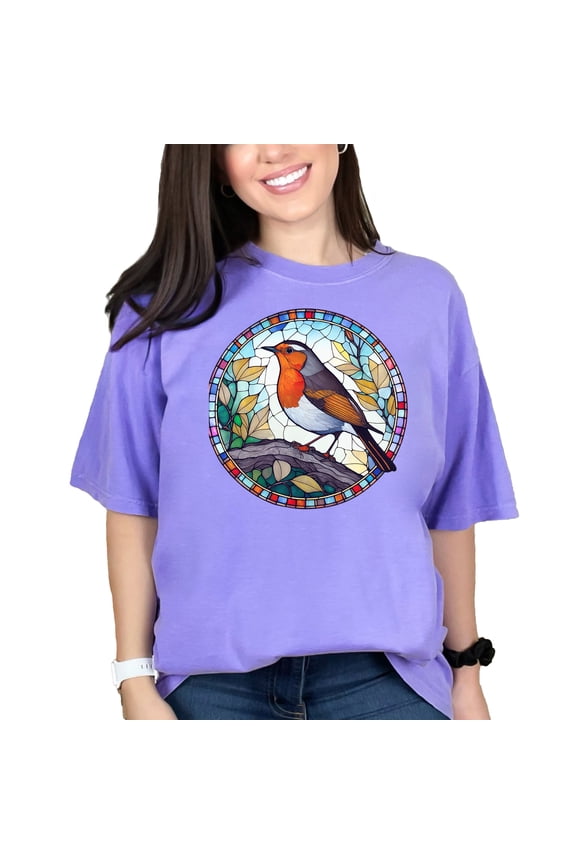 Colorful Bird Stained Glass Art T-Shirt, Unique Nature Inspired Apparel, Vibrant Bird Round Design Shirt, Casual Wear for Bird Lovers, Violet Comfort Colors T-Shirt, 2XL