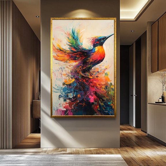 Colorful Bird Wall Art Print Vibrant Brushstroke Abstract Rainbow Decoration, Unframed Canvas 8x10in