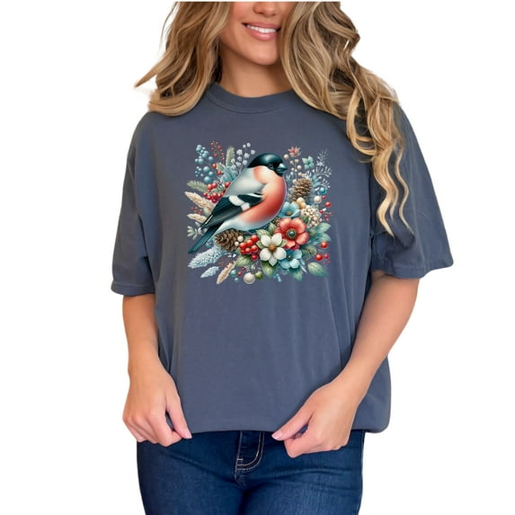 Colorful Bird With Floral Bouquet Graphic T-Shirt, Wildlife Art Tee, Nature Lover Shirt, Unique Gift Idea, Botanical and Bird Design, Denim Comfort Colors T-Shirt, Small