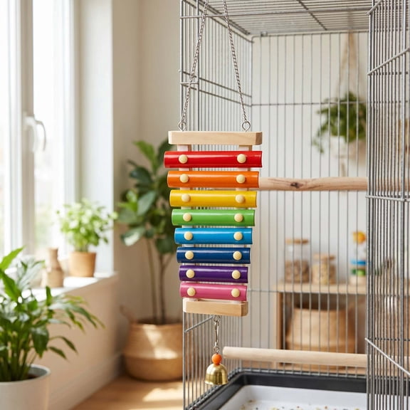 Colorful Bird Xylophone Toy with 8 Metal Keys, Hanging Musical Cage Accessory for Parakeets Cockatiels Parrots, Interactive Chewing Toy for Boredom Relief