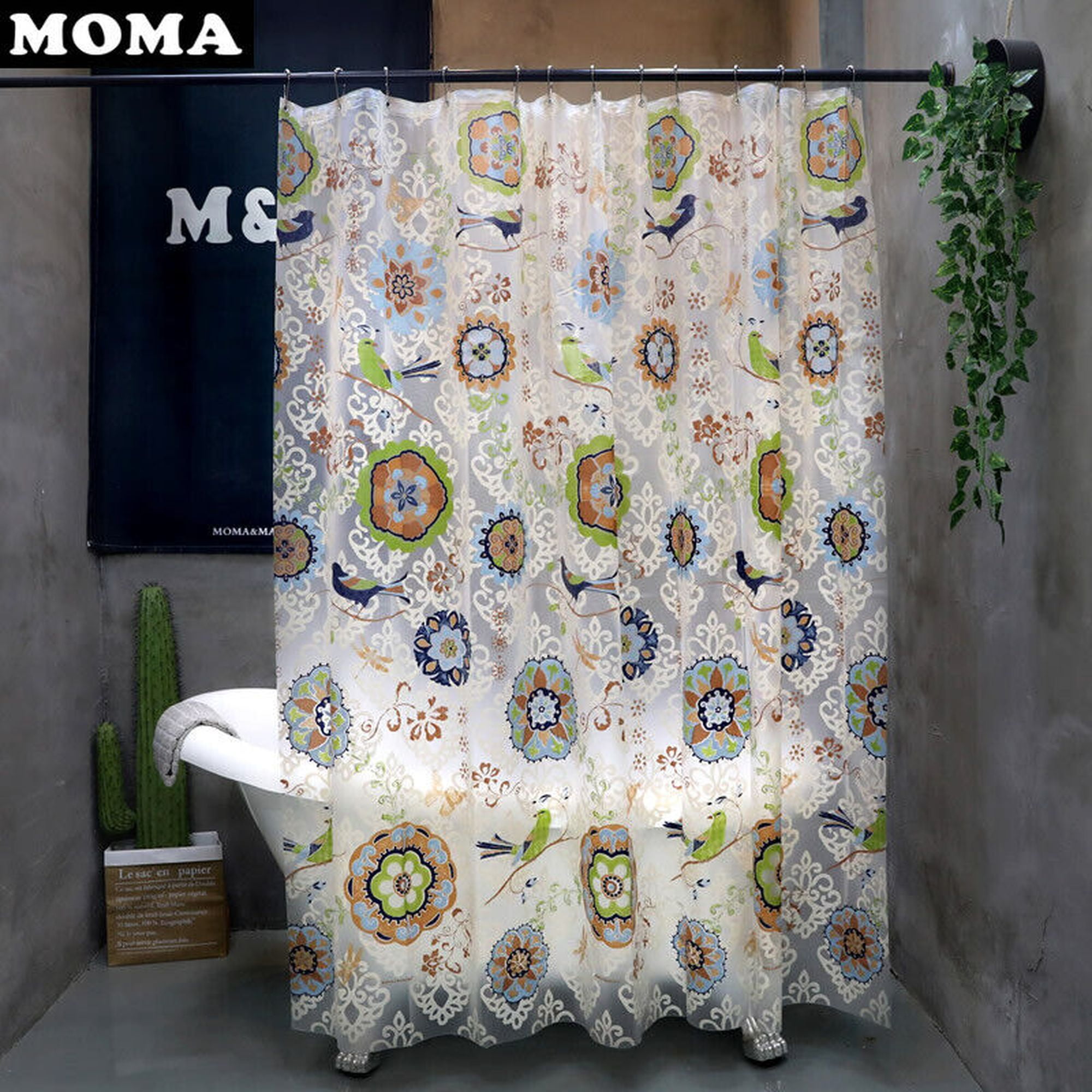 Colorful Bird and Flower Batik Pattern Fabric Shower Curtain