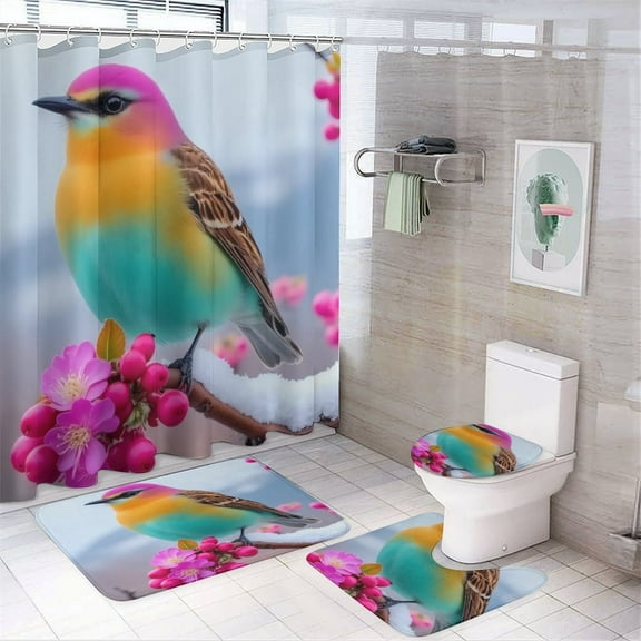 Colorful Bird on Berry Branch Shower Curtain Sets Non-Slip Rugs Bath Mat Toilet Cover U Shaped Mat 4 Pcs