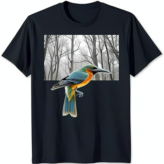 Colorful Bird on Blue T-Shirt Vibrant Forest Scene with Grayscale Trees