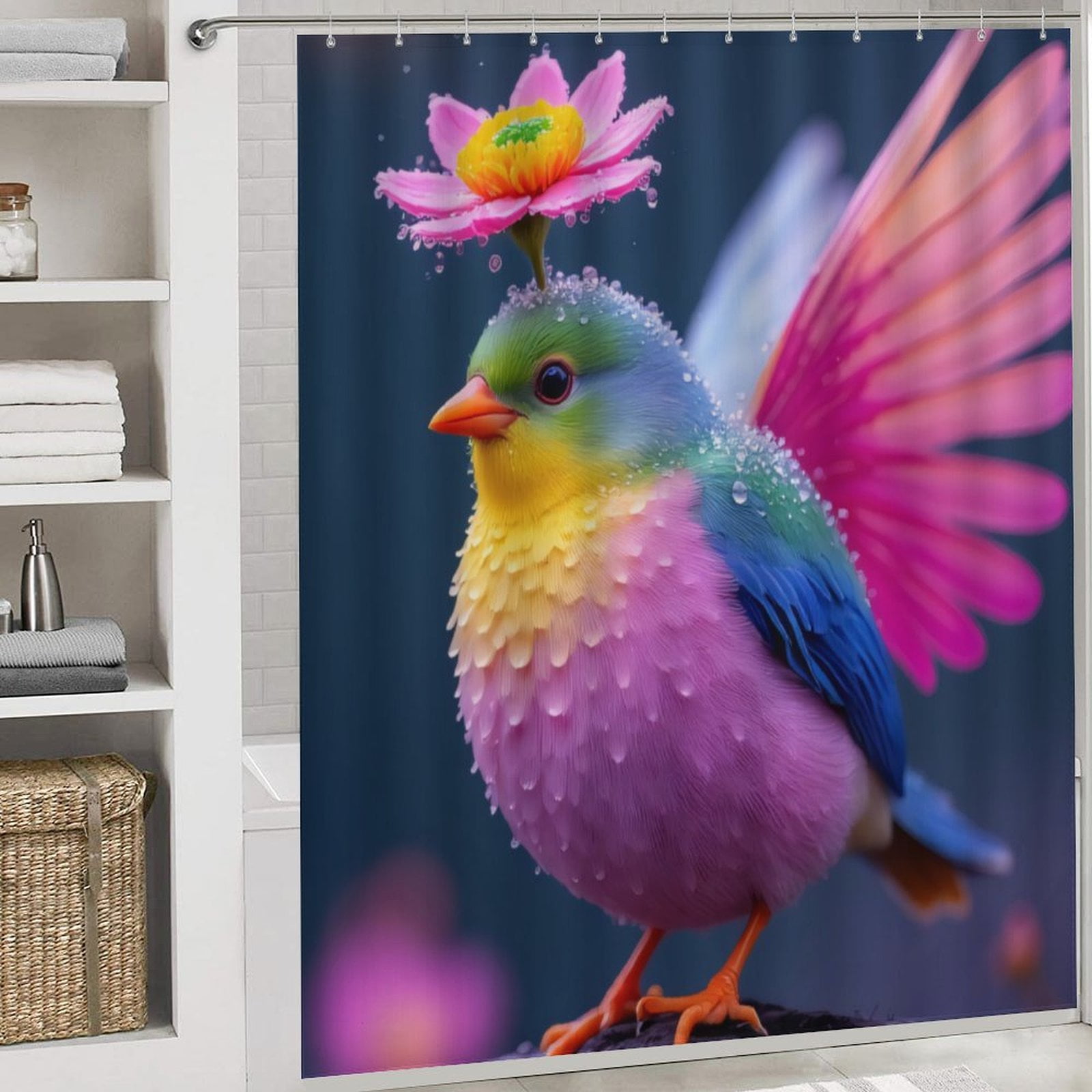 Colorful Bird with Flower Shower Curtain Bathroom Curtains Waterproof
