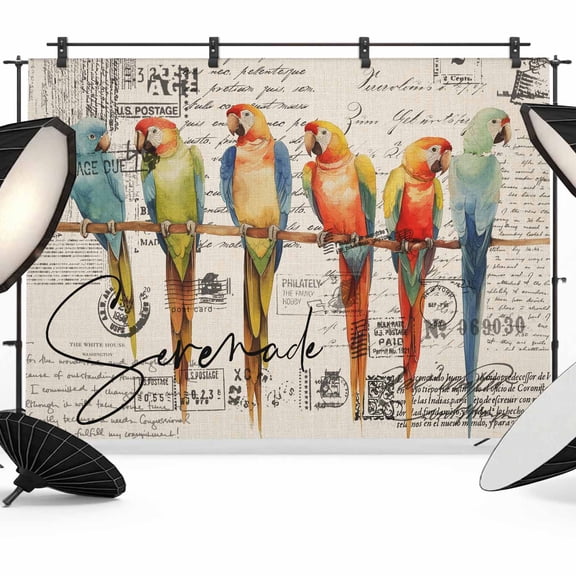 Colorful Birds Backdrop for Photoshoot,Photography Photo Studio Background Wall Backdrop,Vintage Farmhouse Envelope Postmark Back Drop Banner Panel for Portraits Wedding Party Live Streaming 7x5Ft