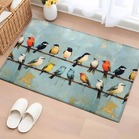Colorful Birds Bathroom Rug Washable 2x3 Entryway Rug Non Slip Spring Animal Modernism Painting Art Front Door Mat Low Pile Indoor Doormat Throw Floor Carpet for Kitchen Bedroom Entrance