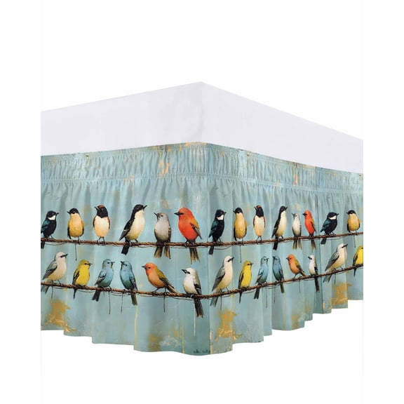 Colorful Birds Bed Skirt Queen Size, Spring Animal Modernism Painting Art Wrap Around Bed Skirting with Adjustable Elastic Strap, Dust Ruffle Pleated Bedskirts 16 Inch Drop for Bedroom Queen Beds